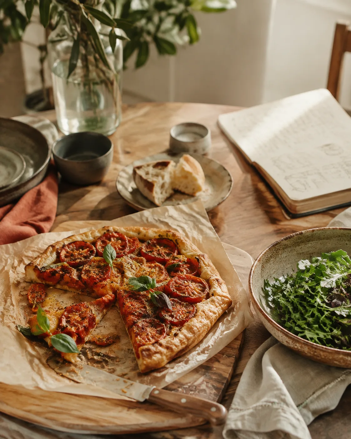 A tomato tart, green salad, bread, and an open recipe notebook on a sunlit kitchen table